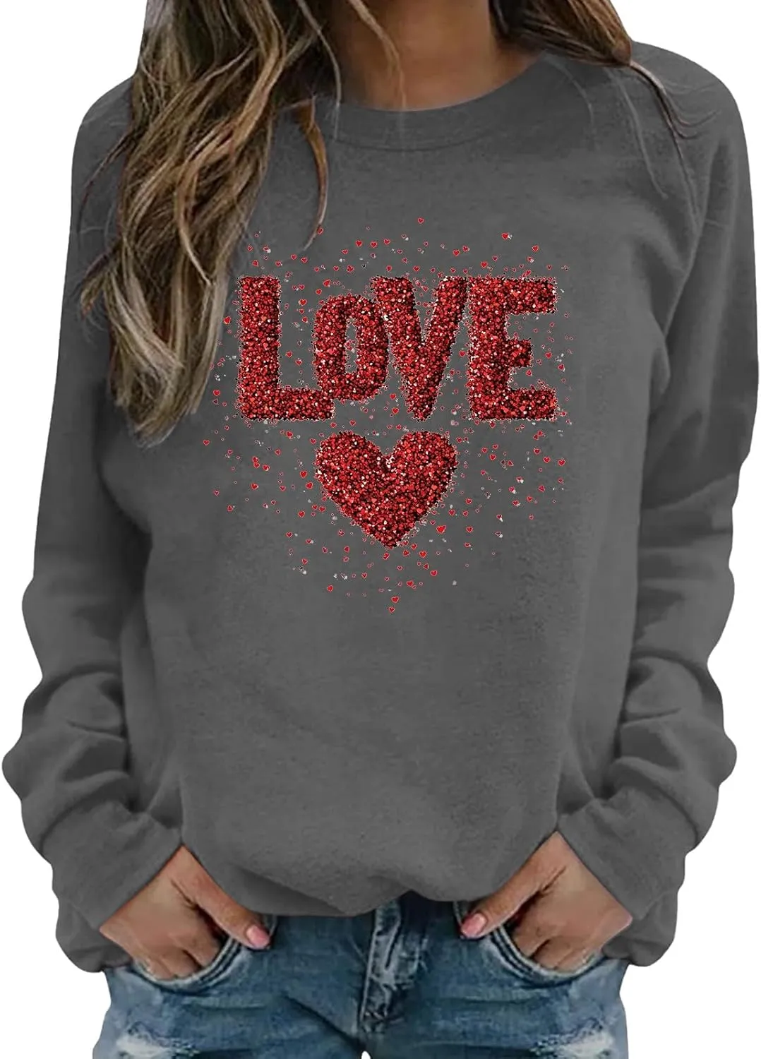 Womens 2025 Love Print Sweatshirt Trendy Loose Fit Pullover Tops Long Sleeve Round Neck Casual Blouses