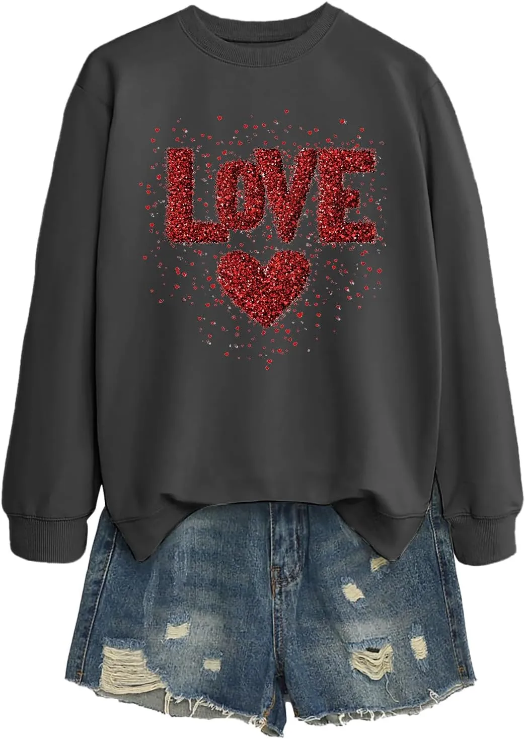 Womens 2025 Love Print Sweatshirt Trendy Loose Fit Pullover Tops Long Sleeve Round Neck Casual Blouses