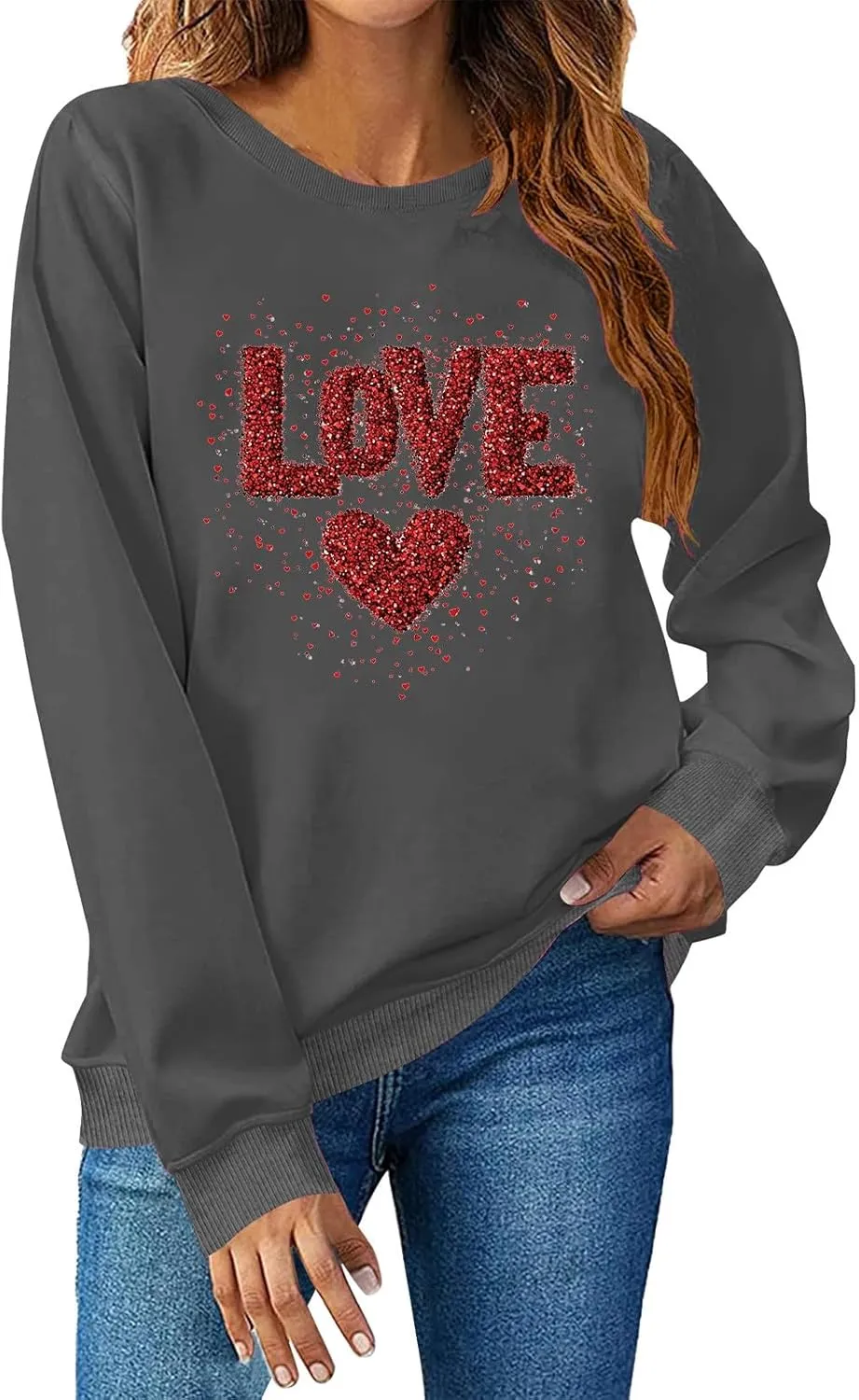 Womens 2025 Love Print Sweatshirt Trendy Loose Fit Pullover Tops Long Sleeve Round Neck Casual Blouses