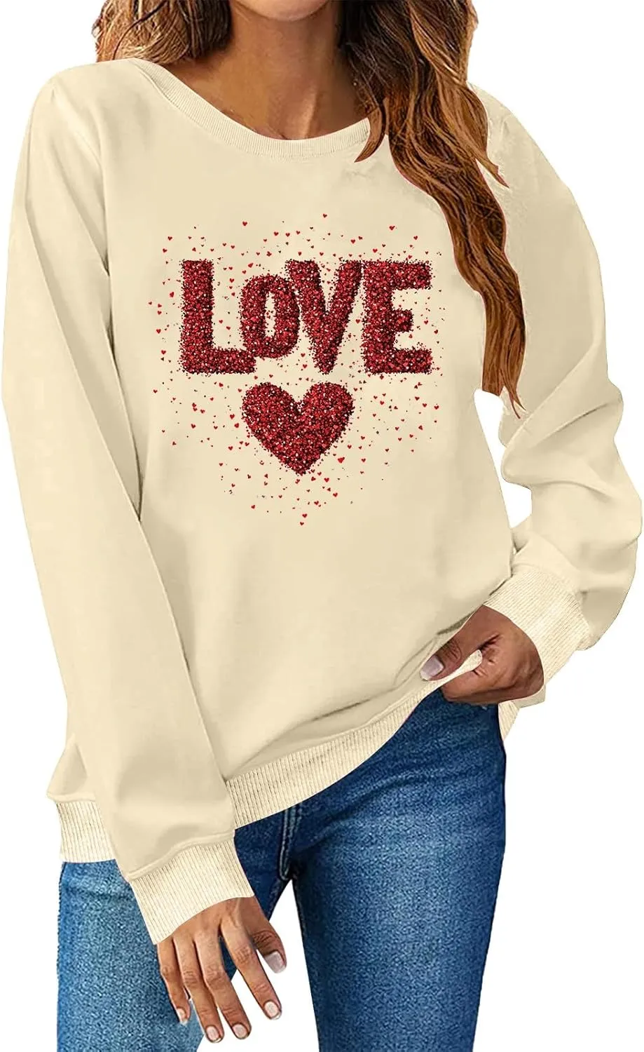 Womens 2025 Love Print Sweatshirt Trendy Loose Fit Pullover Tops Long Sleeve Round Neck Casual Blouses