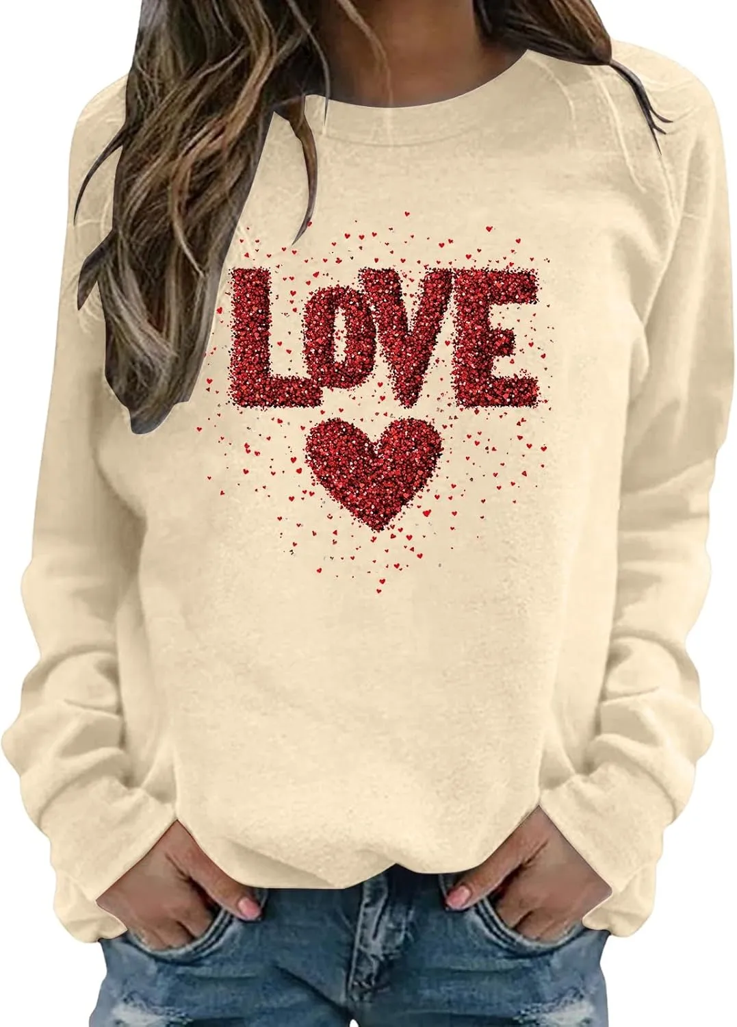 Womens 2025 Love Print Sweatshirt Trendy Loose Fit Pullover Tops Long Sleeve Round Neck Casual Blouses