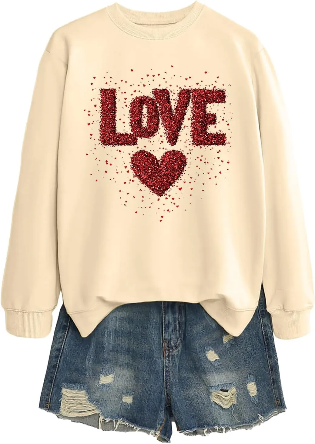 Womens 2025 Love Print Sweatshirt Trendy Loose Fit Pullover Tops Long Sleeve Round Neck Casual Blouses