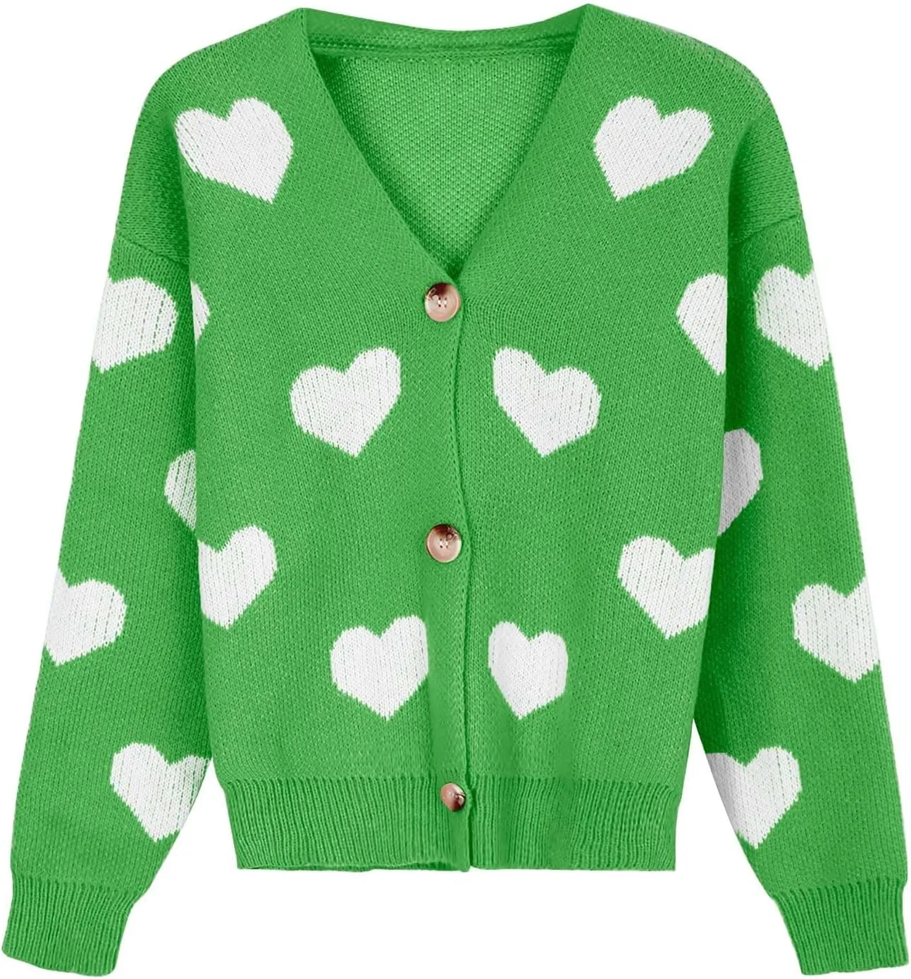 Womens Button Down Cardigan Sweater Trendy Valentines Heart Print Ribbed Knit Jumpers Solid Color V Neck Casual Coats