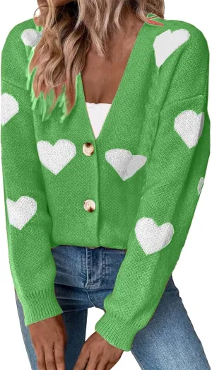 Womens Button Down Cardigan Sweater Trendy Valentines Heart Print Ribbed Knit Jumpers Solid Color V Neck Casual Coats