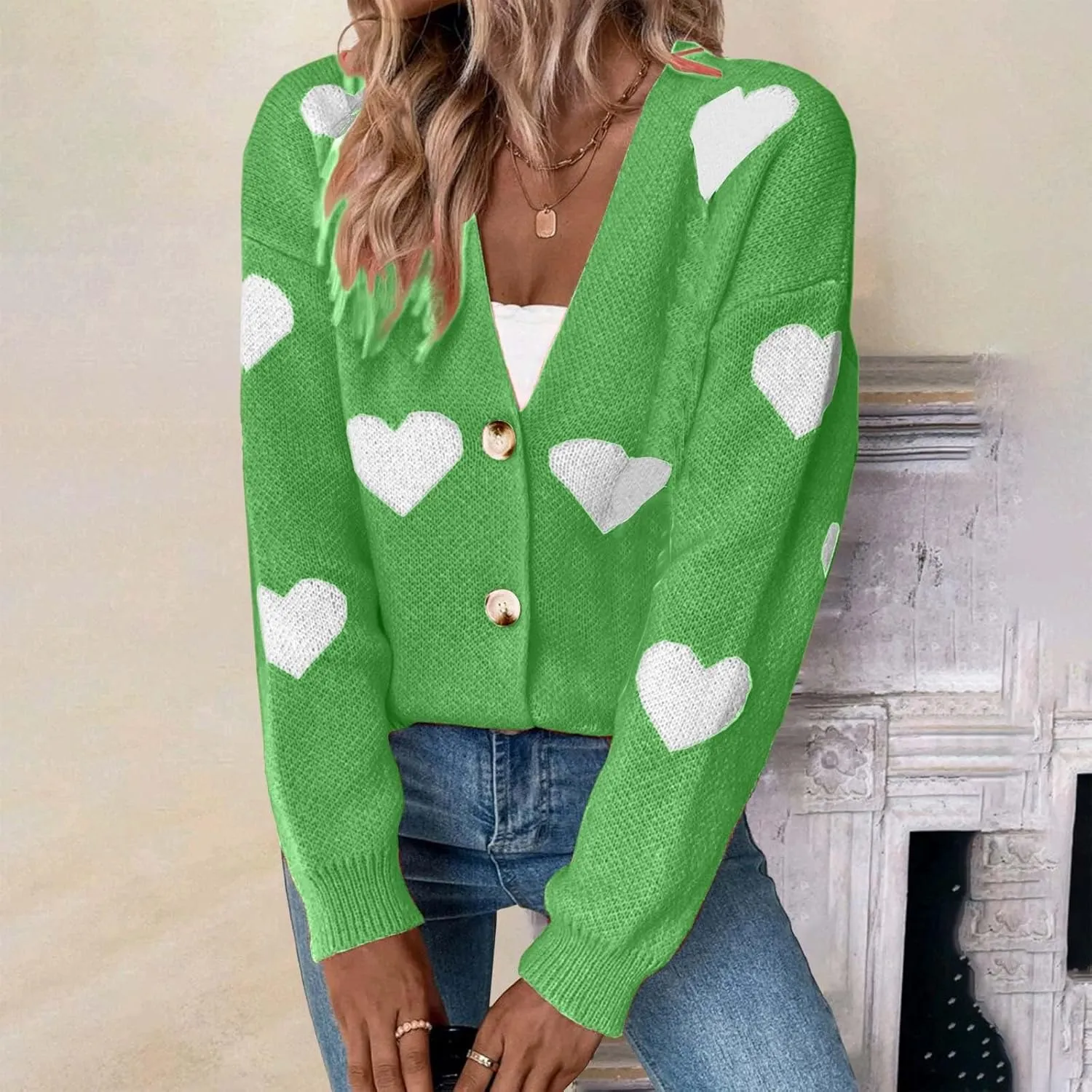 Womens Button Down Cardigan Sweater Trendy Valentines Heart Print Ribbed Knit Jumpers Solid Color V Neck Casual Coats