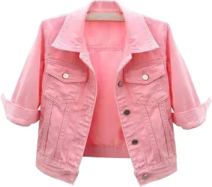 Women's Casual Cropped Denim Jacket Work Business Lounge Lapel Collar Coat Tops Lightweight 3/4 Sleeve Trendy Outcoat