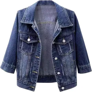 Women's Casual Cropped Denim Jacket Work Business Lounge Lapel Collar Coat Tops Lightweight 3/4 Sleeve Trendy Outcoat