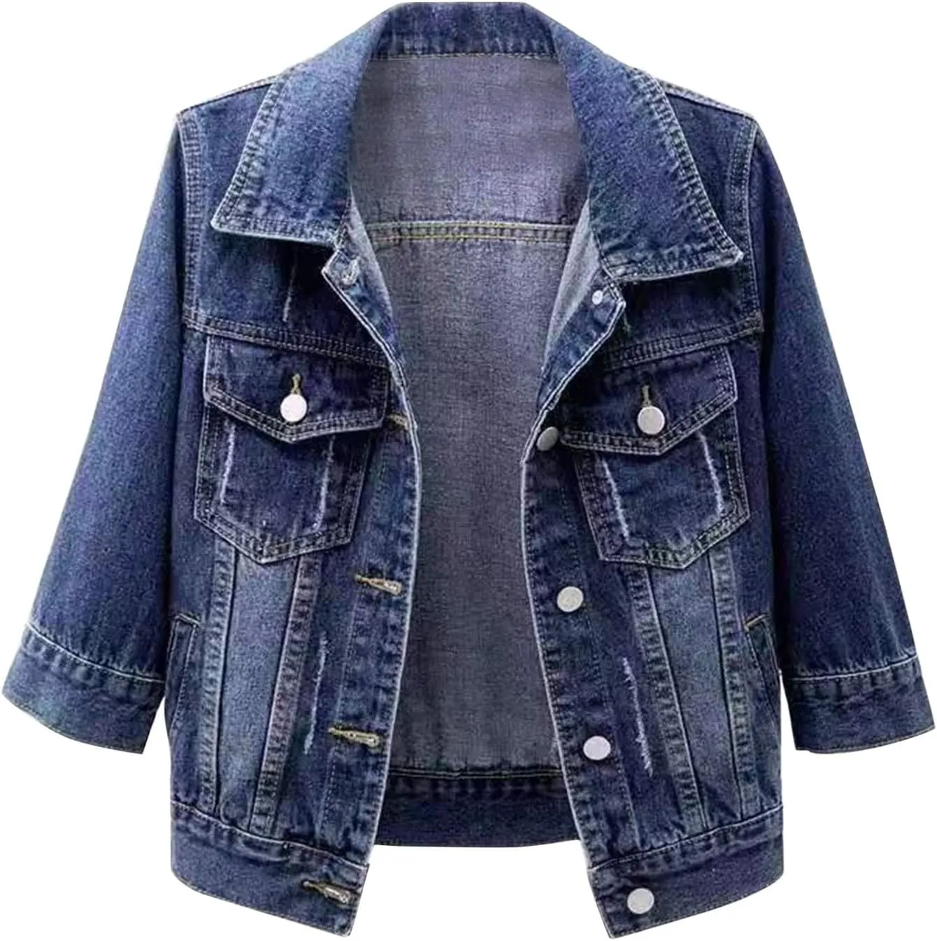 Women's Casual Cropped Denim Jacket Work Business Lounge Lapel Collar Coat Tops Lightweight 3/4 Sleeve Trendy Outcoat