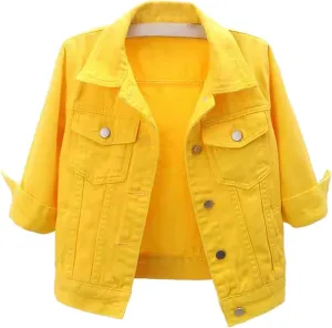 Women's Casual Cropped Denim Jacket Work Business Lounge Lapel Collar Coat Tops Lightweight 3/4 Sleeve Trendy Outcoat