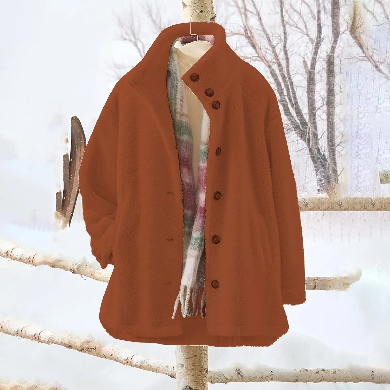 Women's Flannel Fuzzy Cardigan Casual Long Sleeve Sherpa Fleece Lined Jacket Trendy Lapel Collar Button Down Outwears