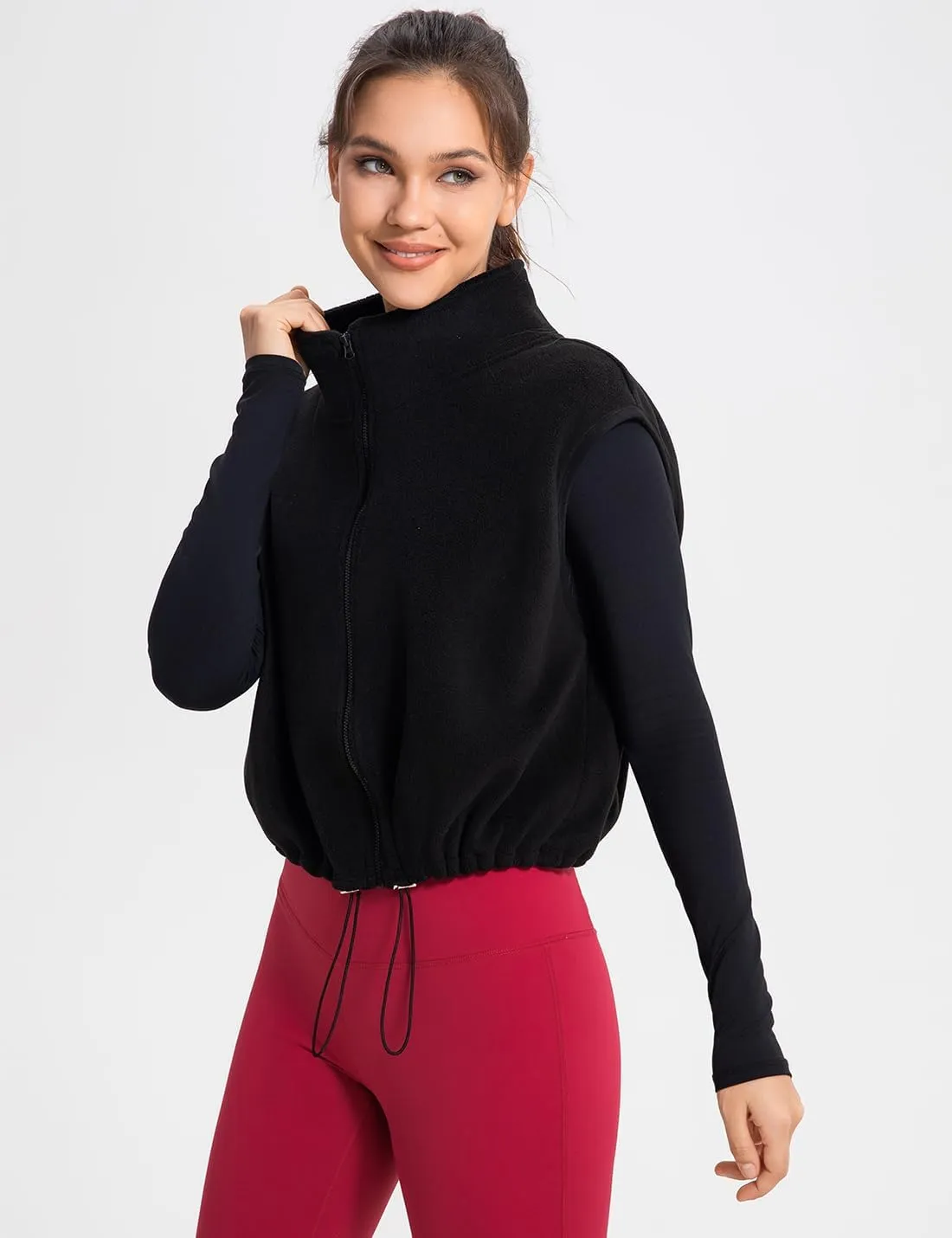 Women's Full Zip Fleece Short Vest Warm Winter Sleeveless Stand Collar Sherpa Crop Coat