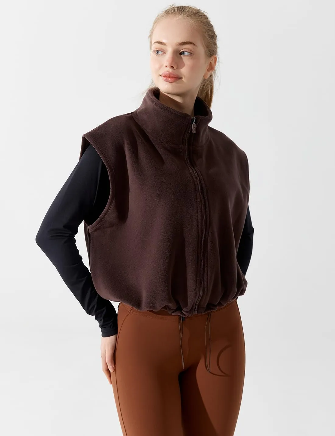 Women's Full Zip Fleece Short Vest Warm Winter Sleeveless Stand Collar Sherpa Crop Coat