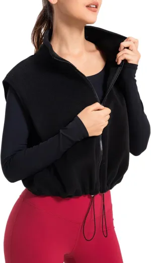 Women's Full Zip Fleece Short Vest Warm Winter Sleeveless Stand Collar Sherpa Crop Coat