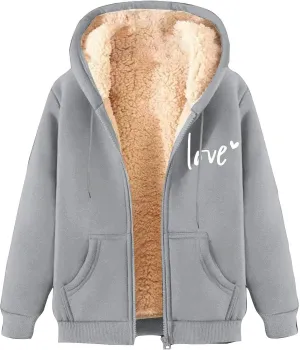 Womens Lamb Fleece Zip Up Hoodie Trendy Letter Printted Thick Thermal Jacket Long Sleeve Going Out Y2K Athletic Coats