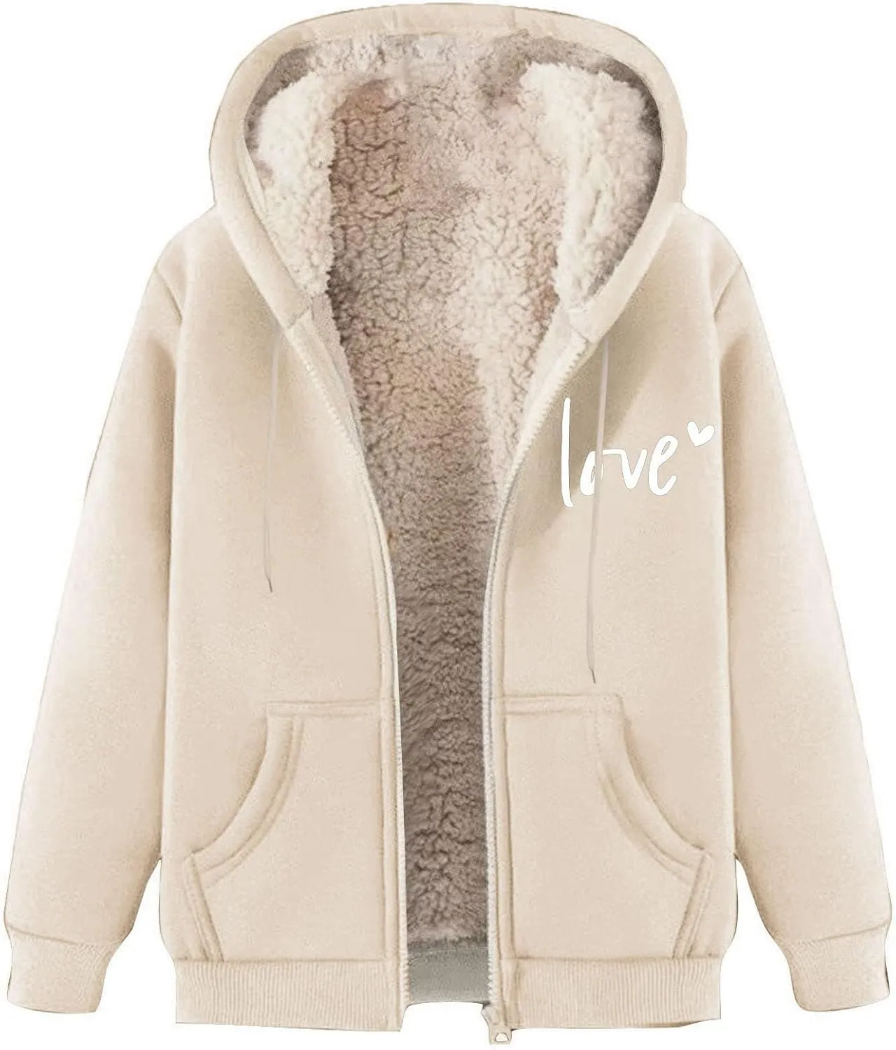 Womens Lamb Fleece Zip Up Hoodie Trendy Letter Printted Thick Thermal Jacket Long Sleeve Going Out Y2K Athletic Coats
