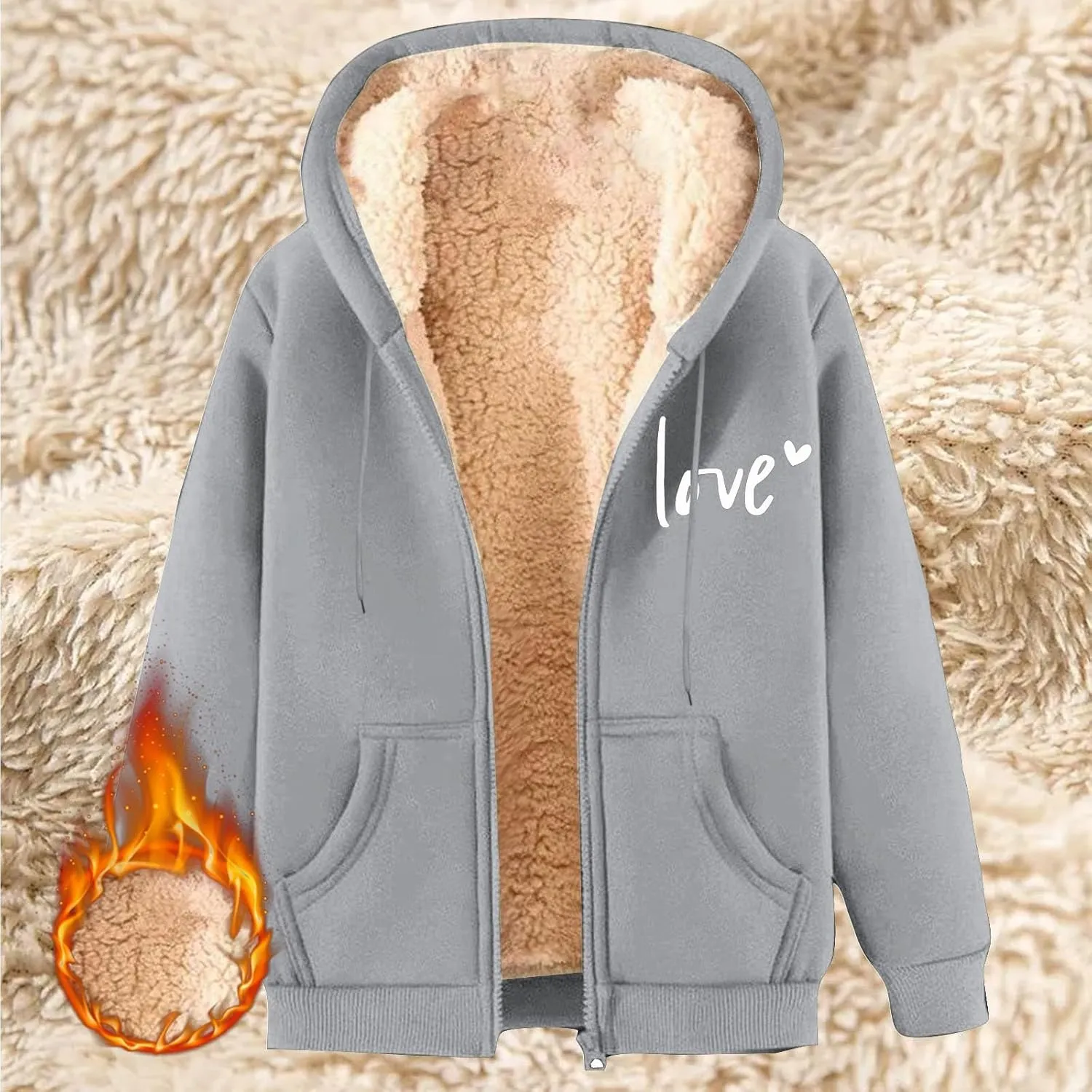 Womens Lamb Fleece Zip Up Hoodie Trendy Letter Printted Thick Thermal Jacket Long Sleeve Going Out Y2K Athletic Coats