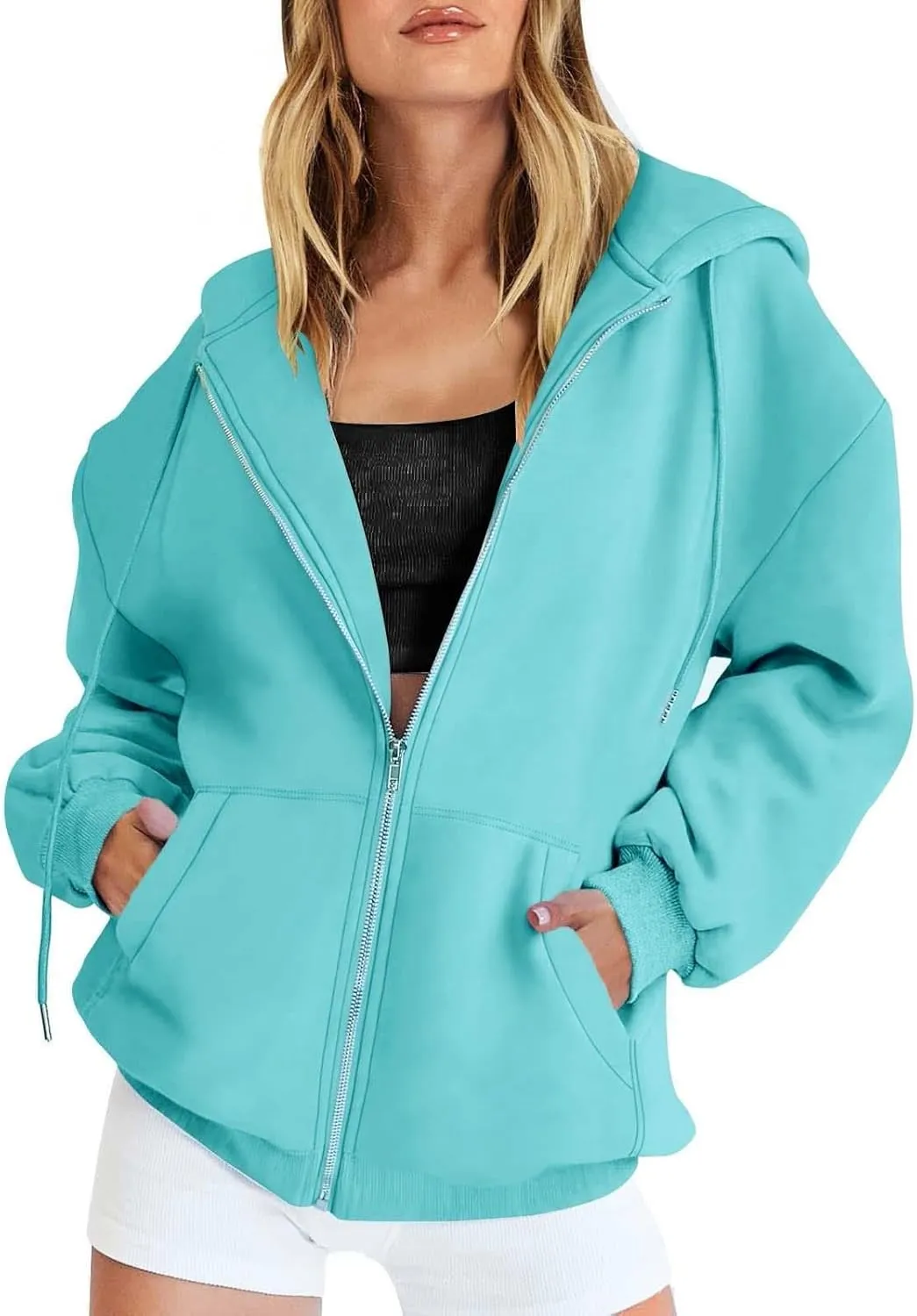 Womens Lightweight Full Zip Up Hoodie Trendy Vacation Outdoor Y2K Streetwear Baggy Cozy Long Sleeve Solid Casual Coat