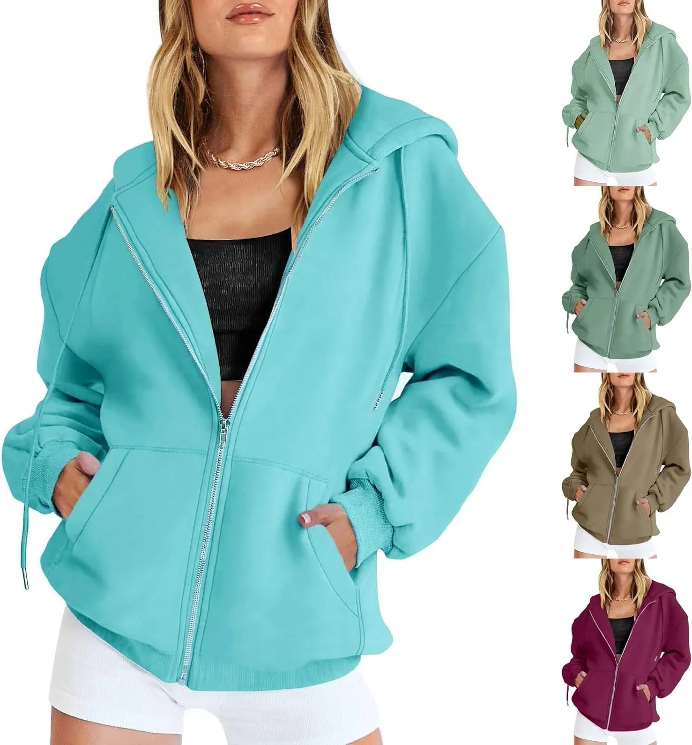 Womens Lightweight Full Zip Up Hoodie Trendy Vacation Outdoor Y2K Streetwear Baggy Cozy Long Sleeve Solid Casual Coat