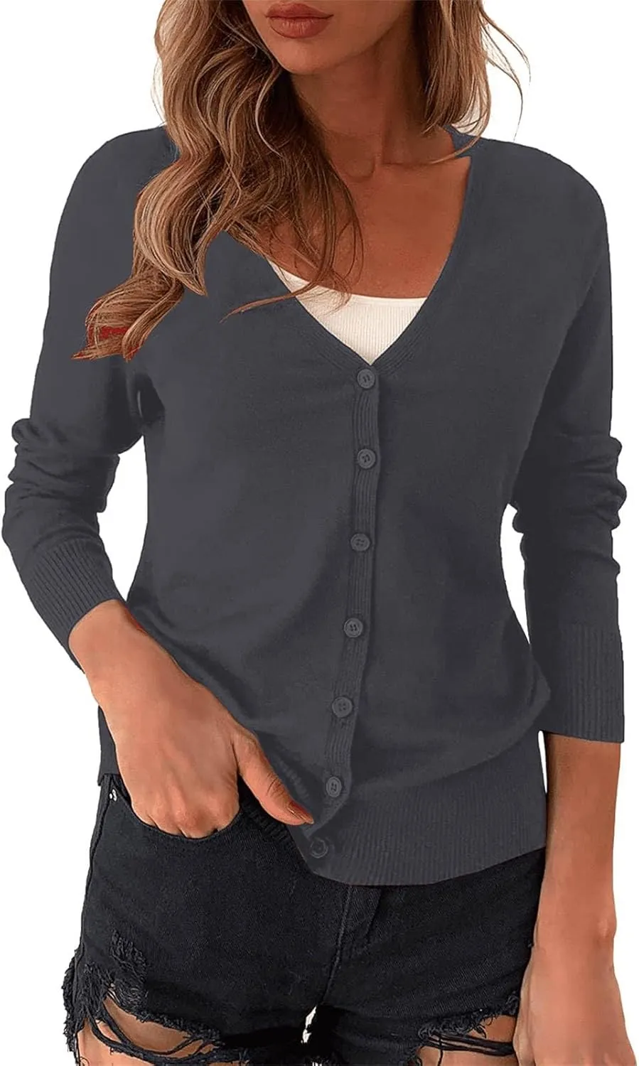 Womens Lightweight V-Neck Cardigan Sweater Trendy Business Casual Jackets Long Sleeve Button Down Lounge Sweater Tops