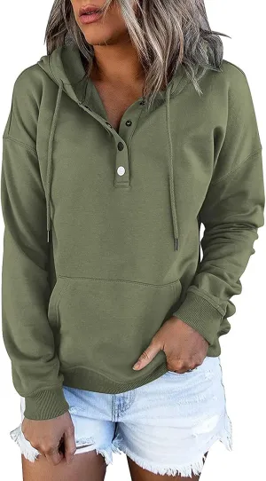 Womens Long Sleeve Button Up Sweatshirt Trendy Solid Color Warm Drawstring Hoodies Going Out Y2K Athletic Casual Top