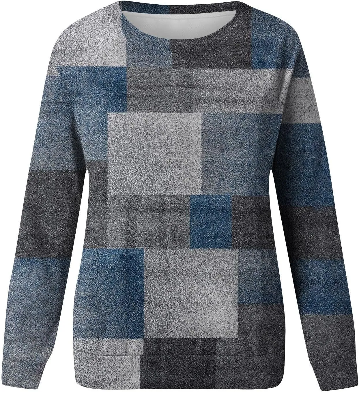 Womens Long Sleeve Crewneck Sweatshirt Trendy Color Block Plaid Tunic Pullover Tops Casaul Lightweight Cotton Clothes