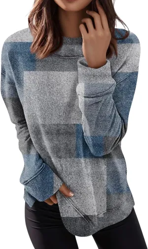 Womens Long Sleeve Crewneck Sweatshirt Trendy Color Block Plaid Tunic Pullover Tops Casaul Lightweight Cotton Clothes