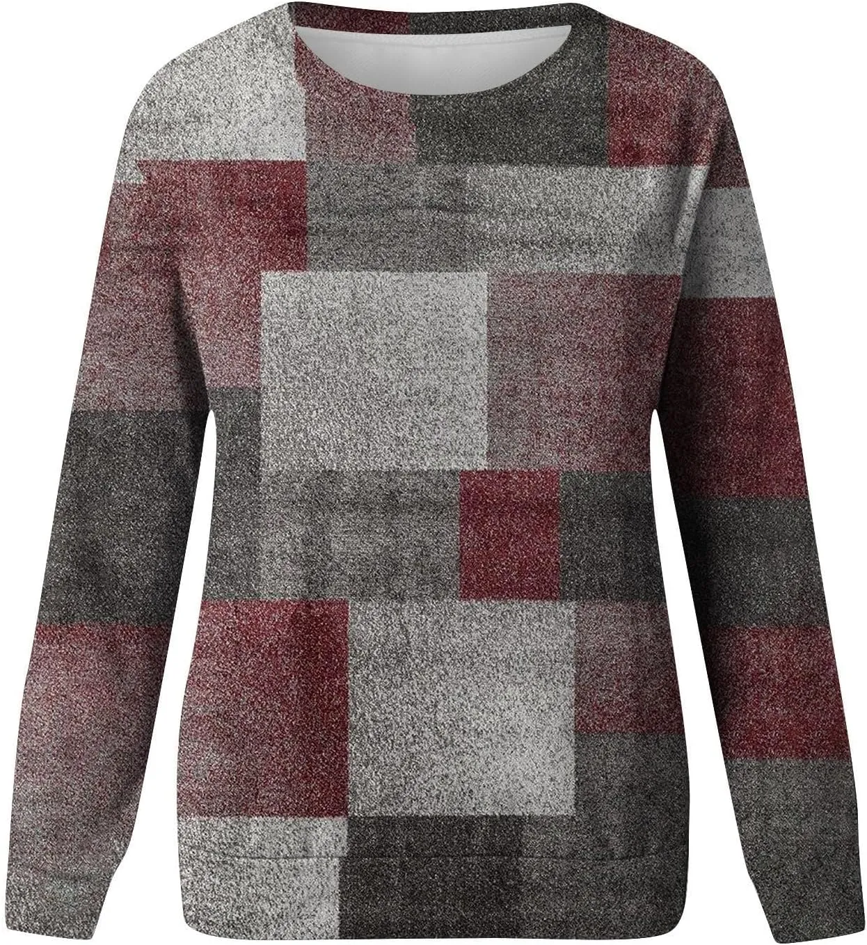 Womens Long Sleeve Crewneck Sweatshirt Trendy Color Block Plaid Tunic Pullover Tops Casaul Lightweight Cotton Clothes