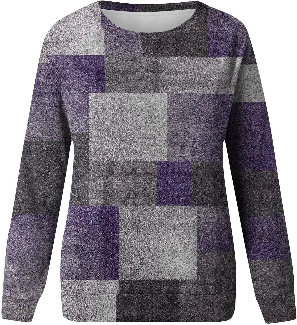 Womens Long Sleeve Crewneck Sweatshirt Trendy Color Block Plaid Tunic Pullover Tops Casaul Lightweight Cotton Clothes