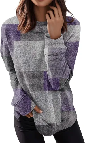 Womens Long Sleeve Crewneck Sweatshirt Trendy Color Block Plaid Tunic Pullover Tops Casaul Lightweight Cotton Clothes