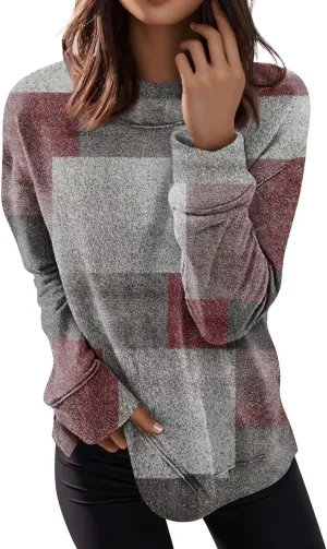 Womens Long Sleeve Crewneck Sweatshirt Trendy Color Block Plaid Tunic Pullover Tops Casaul Lightweight Cotton Clothes