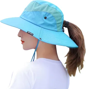 Womens Ponytail Sun Hat Summer Wide Brim Outdoor UV Protection Mesh Bucket Cap for Beach Fishing Gardening