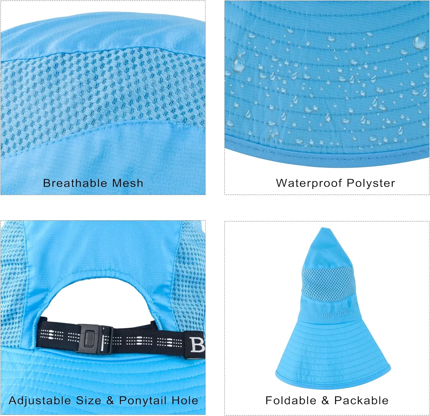 Womens Ponytail Sun Hat Summer Wide Brim Outdoor UV Protection Mesh Bucket Cap for Beach Fishing Gardening