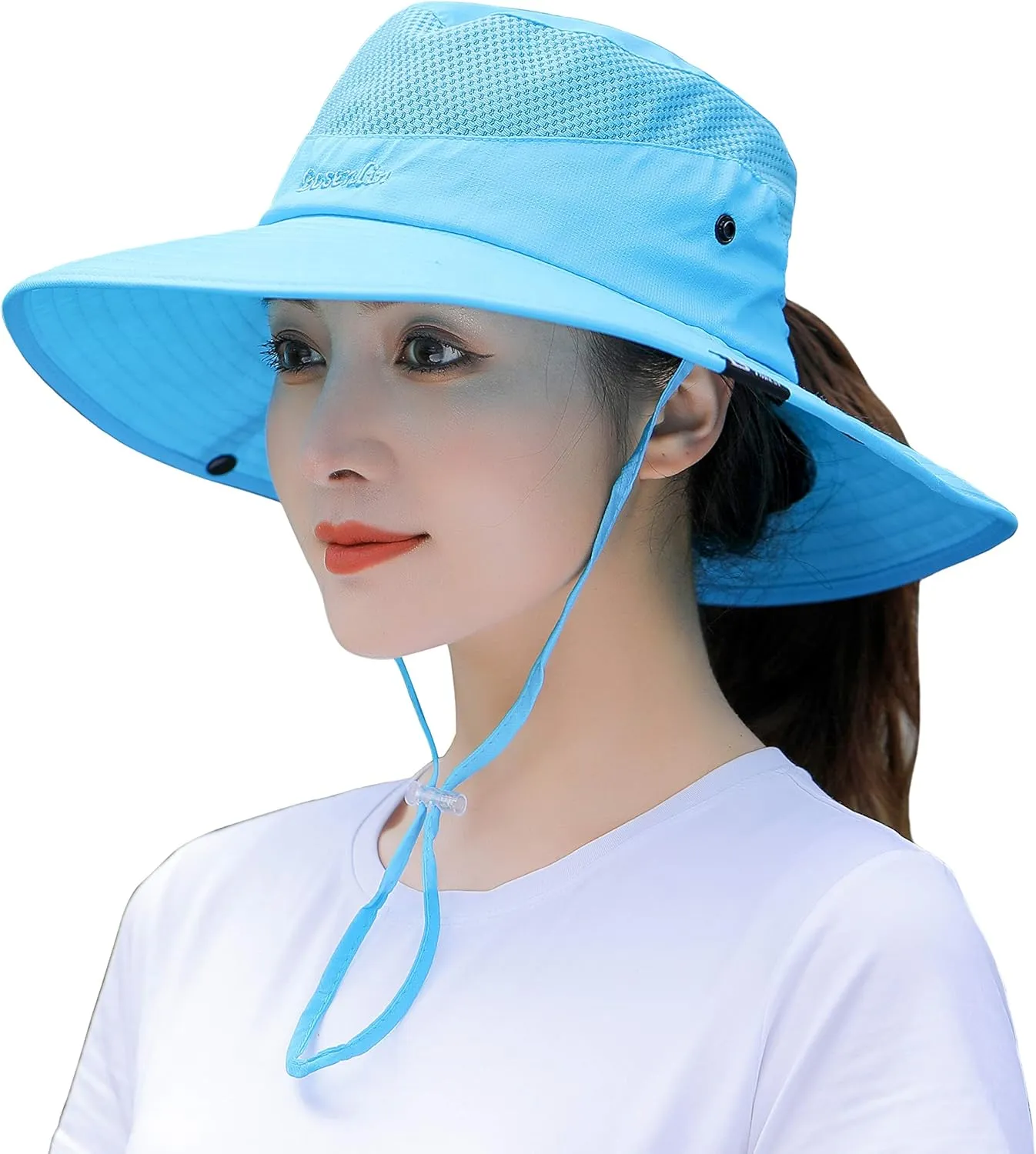 Womens Ponytail Sun Hat Summer Wide Brim Outdoor UV Protection Mesh Bucket Cap for Beach Fishing Gardening