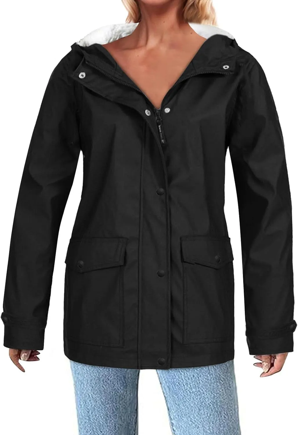 Womens Sherpa Lined Anoraks Jackets Waterproof Lightweight Warm Windbreaker Casual Outdoor Hiking Travel Trench Coats