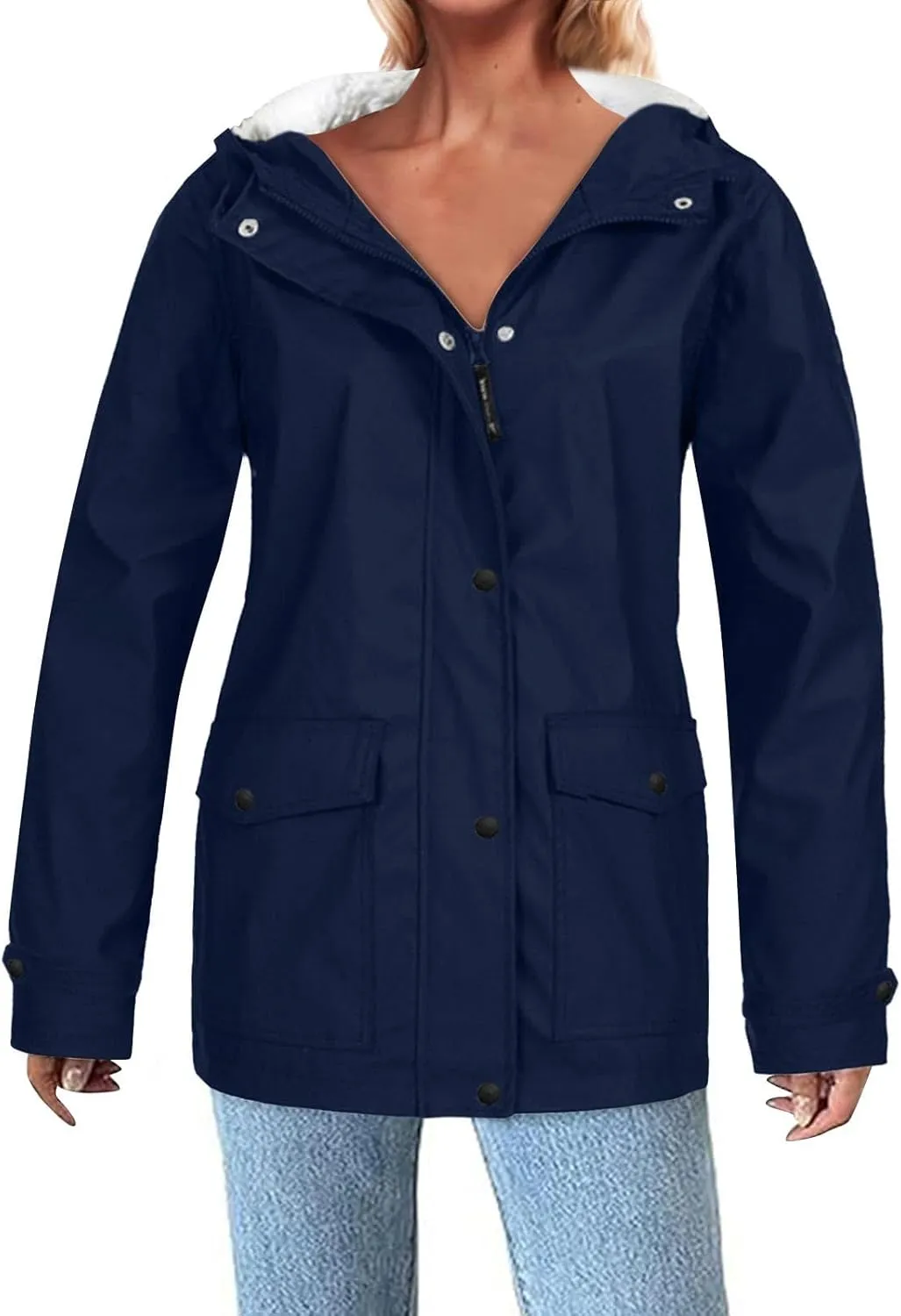 Womens Sherpa Lined Anoraks Jackets Waterproof Lightweight Warm Windbreaker Casual Outdoor Hiking Travel Trench Coats