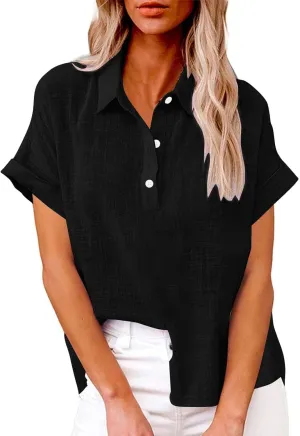 Womens Short Sleeve Button Down Linen Shirt Summer Trendy Solid Stand Collar Blouses Going Out Sports Casual T-Shirts