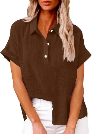 Womens Short Sleeve Button Down Linen Shirt Summer Trendy Solid Stand Collar Blouses Going Out Sports Casual T-Shirts