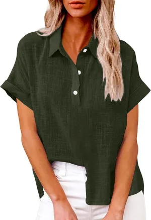 Womens Short Sleeve Button Down Linen Shirt Summer Trendy Solid Stand Collar Blouses Going Out Sports Casual T-Shirts