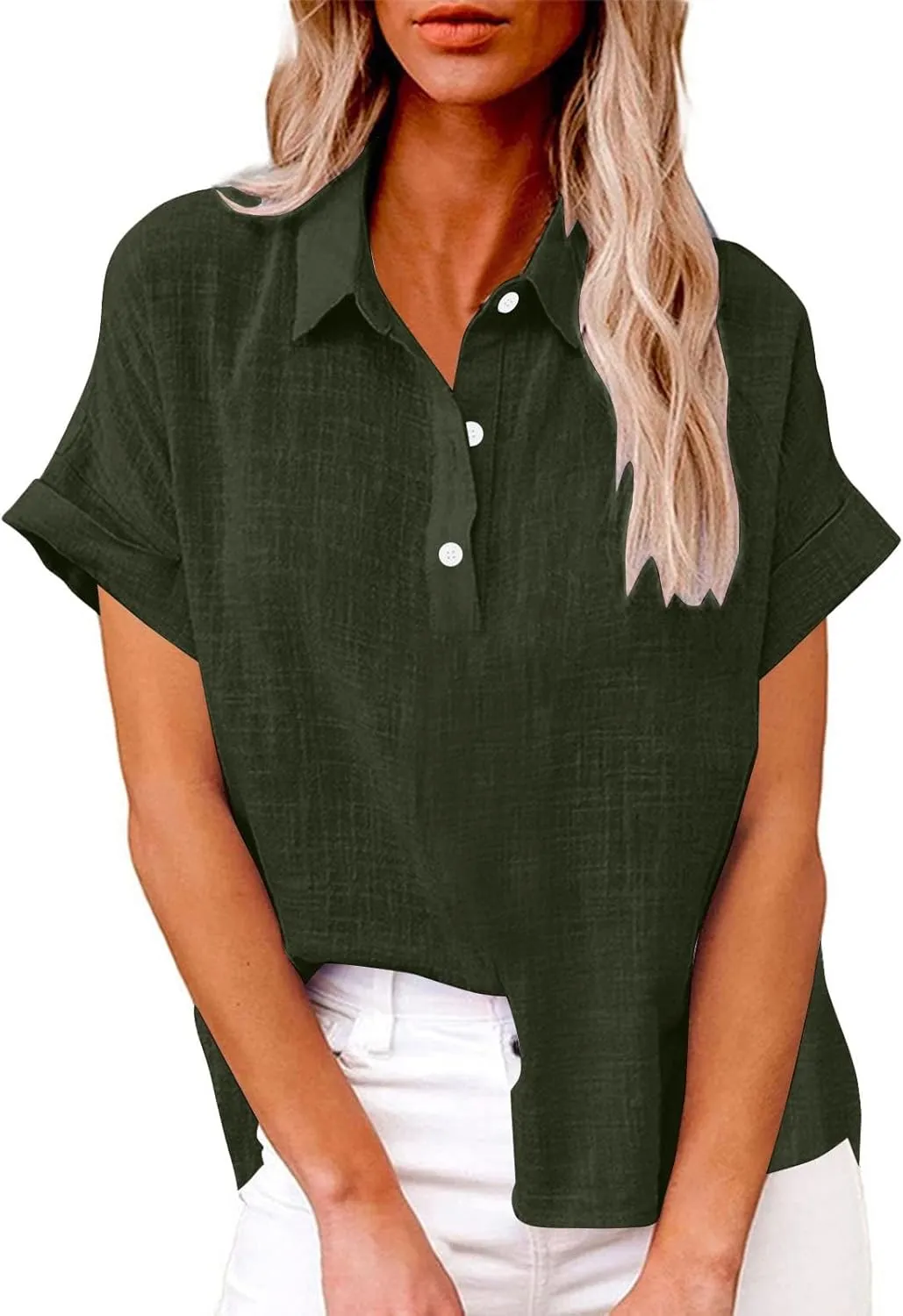 Womens Short Sleeve Button Down Linen Shirt Summer Trendy Solid Stand Collar Blouses Going Out Sports Casual T-Shirts