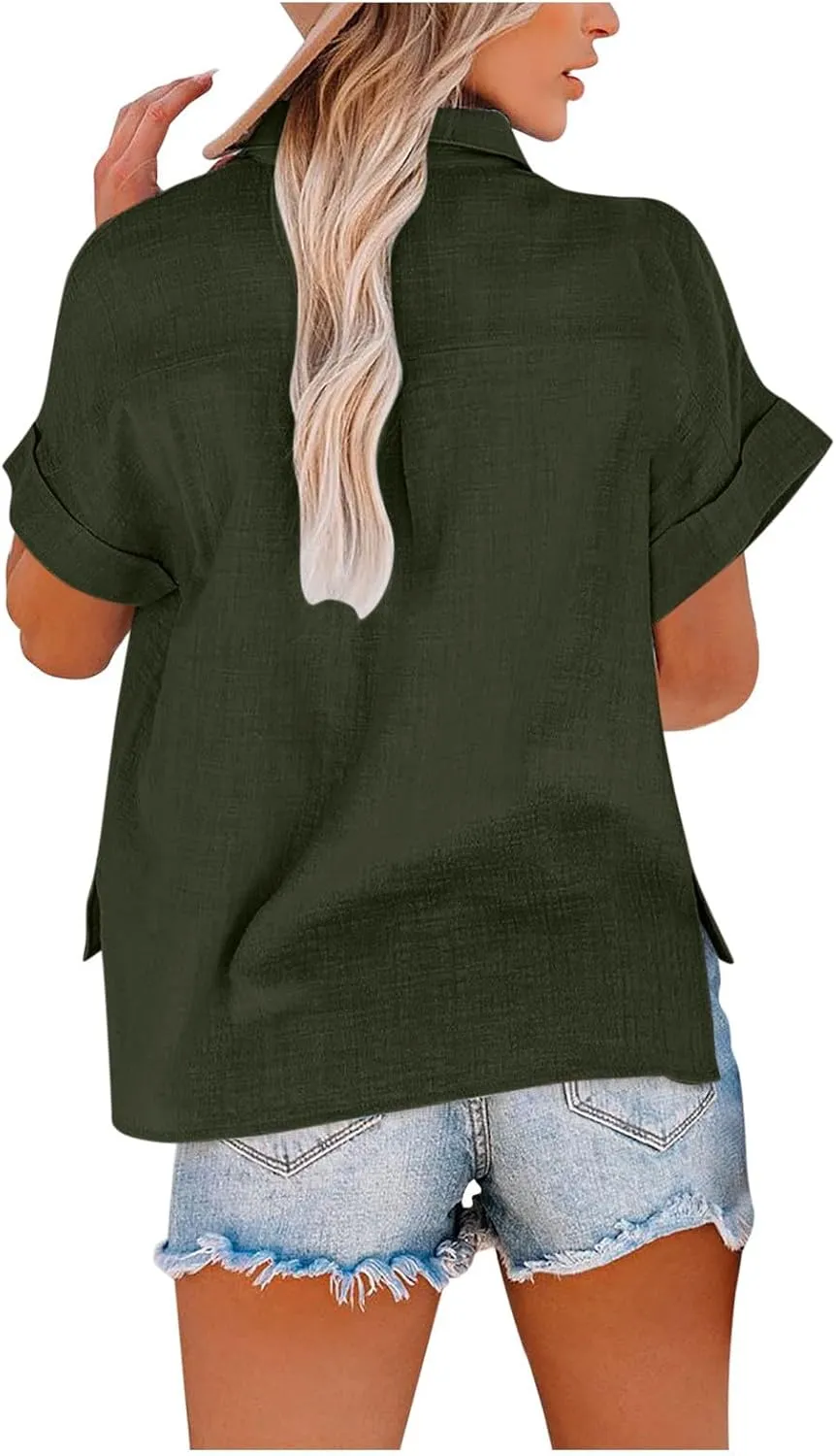 Womens Short Sleeve Button Down Linen Shirt Summer Trendy Solid Stand Collar Blouses Going Out Sports Casual T-Shirts