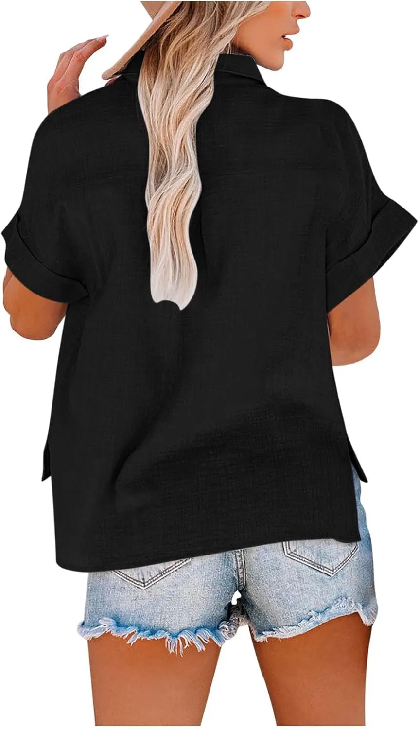 Womens Short Sleeve Button Down Linen Shirt Summer Trendy Solid Stand Collar Blouses Going Out Sports Casual T-Shirts