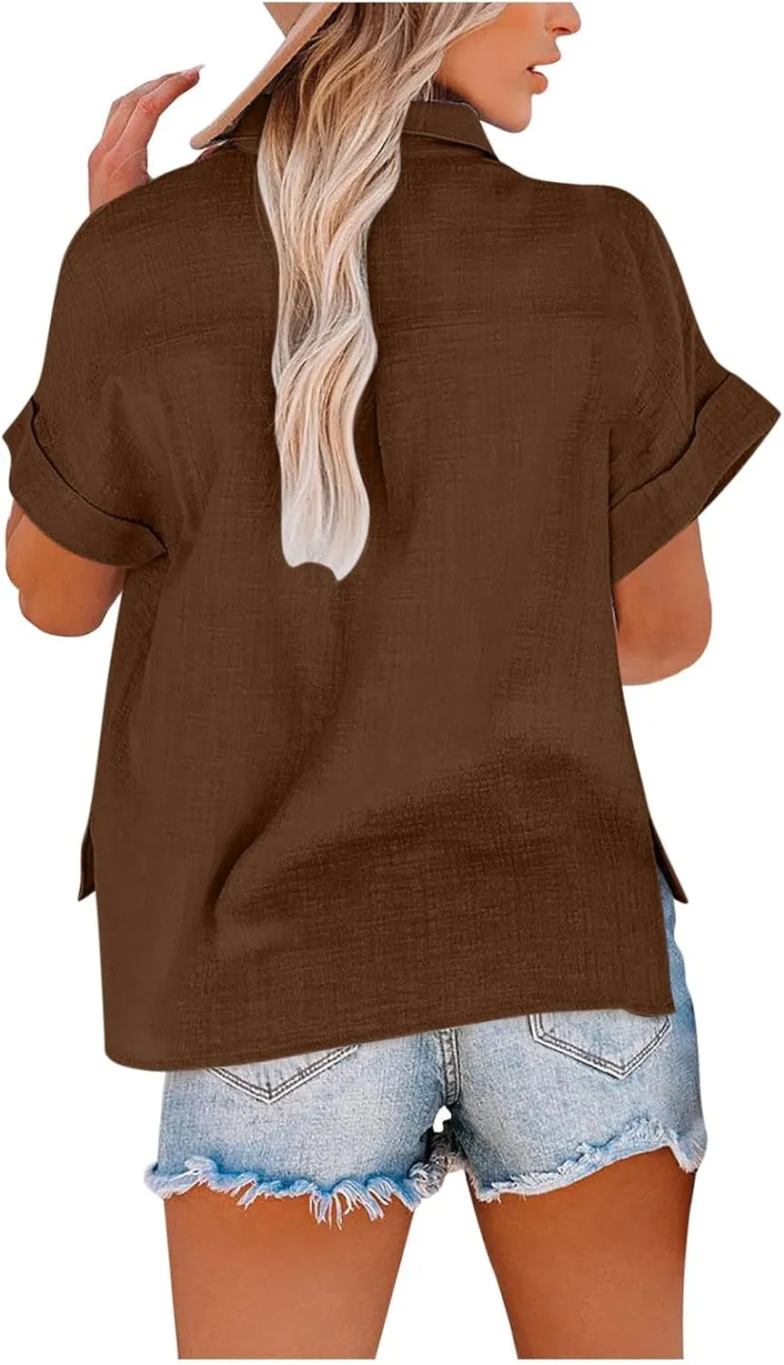 Womens Short Sleeve Button Down Linen Shirt Summer Trendy Solid Stand Collar Blouses Going Out Sports Casual T-Shirts