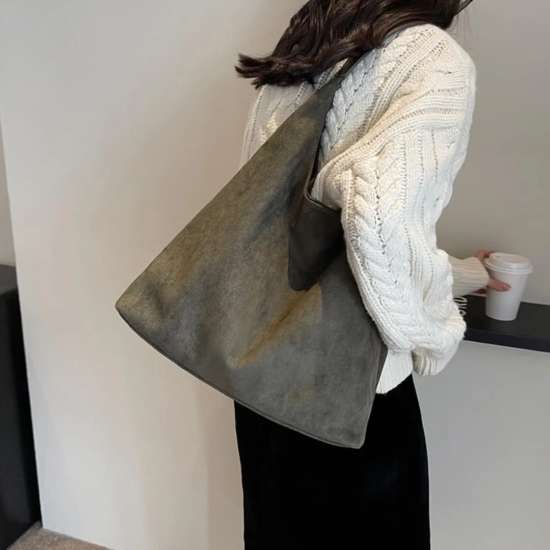 Women's Suede Tote Bag Retro Slouchy Bags Large Shoulder Tote Bag Suede Hobo Shoulder Bag for Travel College Work