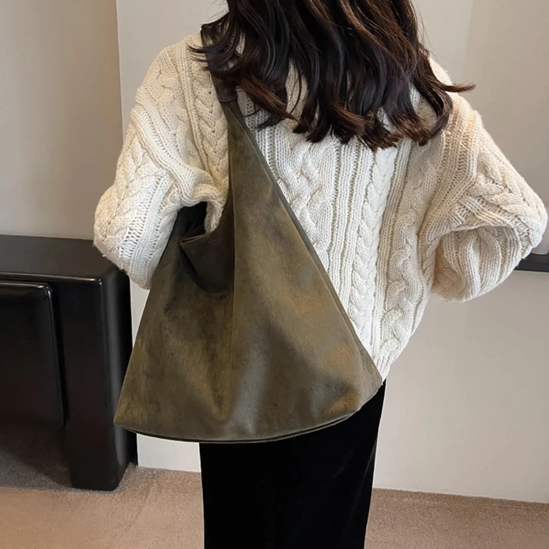 Women's Suede Tote Bag Retro Slouchy Bags Large Shoulder Tote Bag Suede Hobo Shoulder Bag for Travel College Work