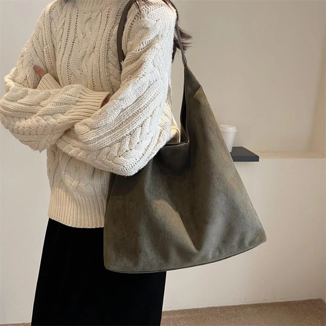 Women's Suede Tote Bag Retro Slouchy Bags Large Shoulder Tote Bag Suede Hobo Shoulder Bag for Travel College Work
