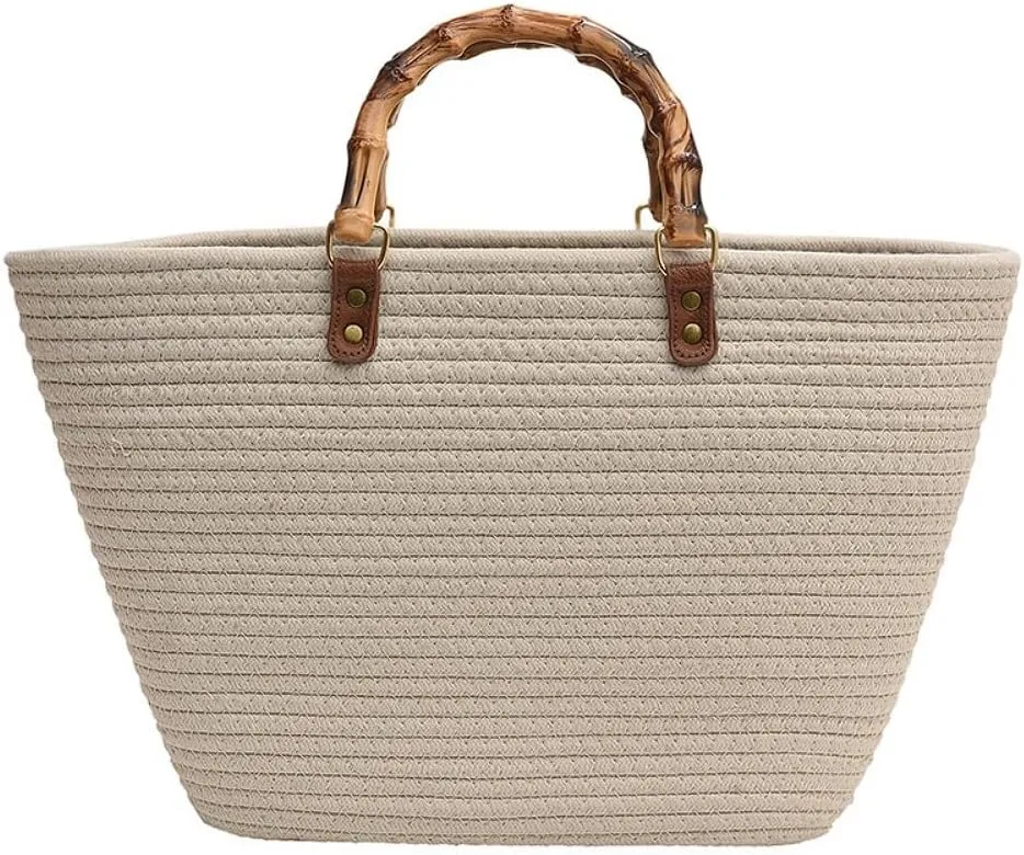 Women's Tote Bag with Bamboo-Inspired Resin Handles Large Straw Tote Bag Woven Handbag Shoulder Bag for Vacation