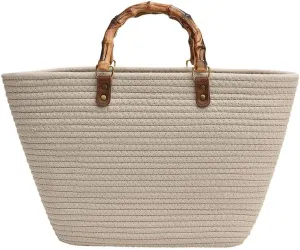 Women's Tote Bag with Bamboo-Inspired Resin Handles Large Straw Tote Bag Woven Handbag Shoulder Bag for Vacation