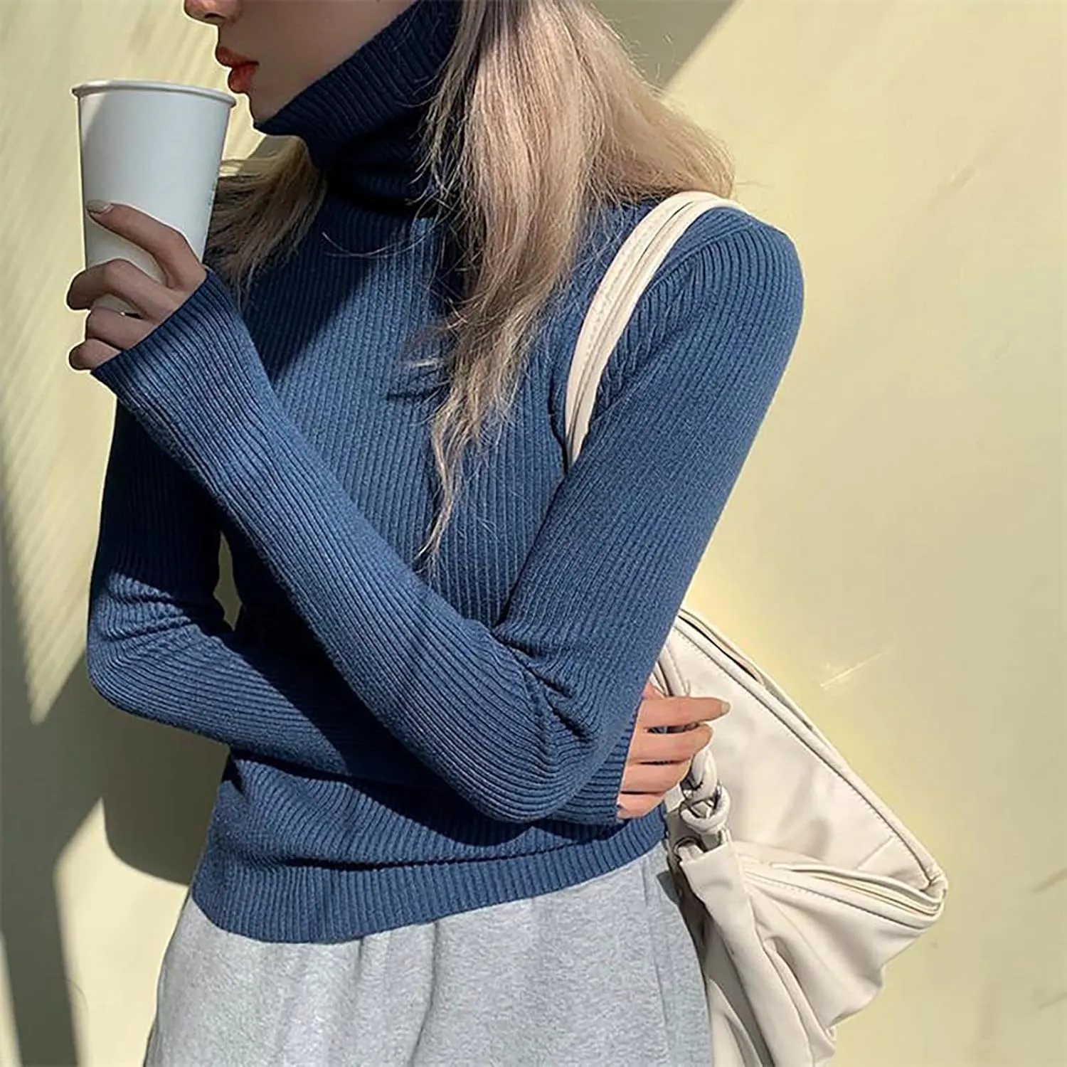 Women's Turtleneck Ribbed Knit Sweater Fall Fashoin Thermal Thumb Hole Jumper Soft Comfy Stretchy Slim Fit Casual Top