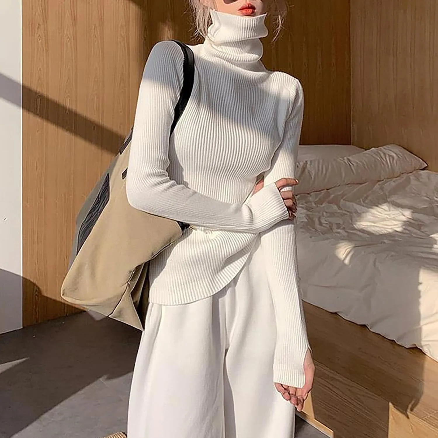 Women's Turtleneck Ribbed Knit Sweater Fall Fashoin Thermal Thumb Hole Jumper Soft Comfy Stretchy Slim Fit Casual Top
