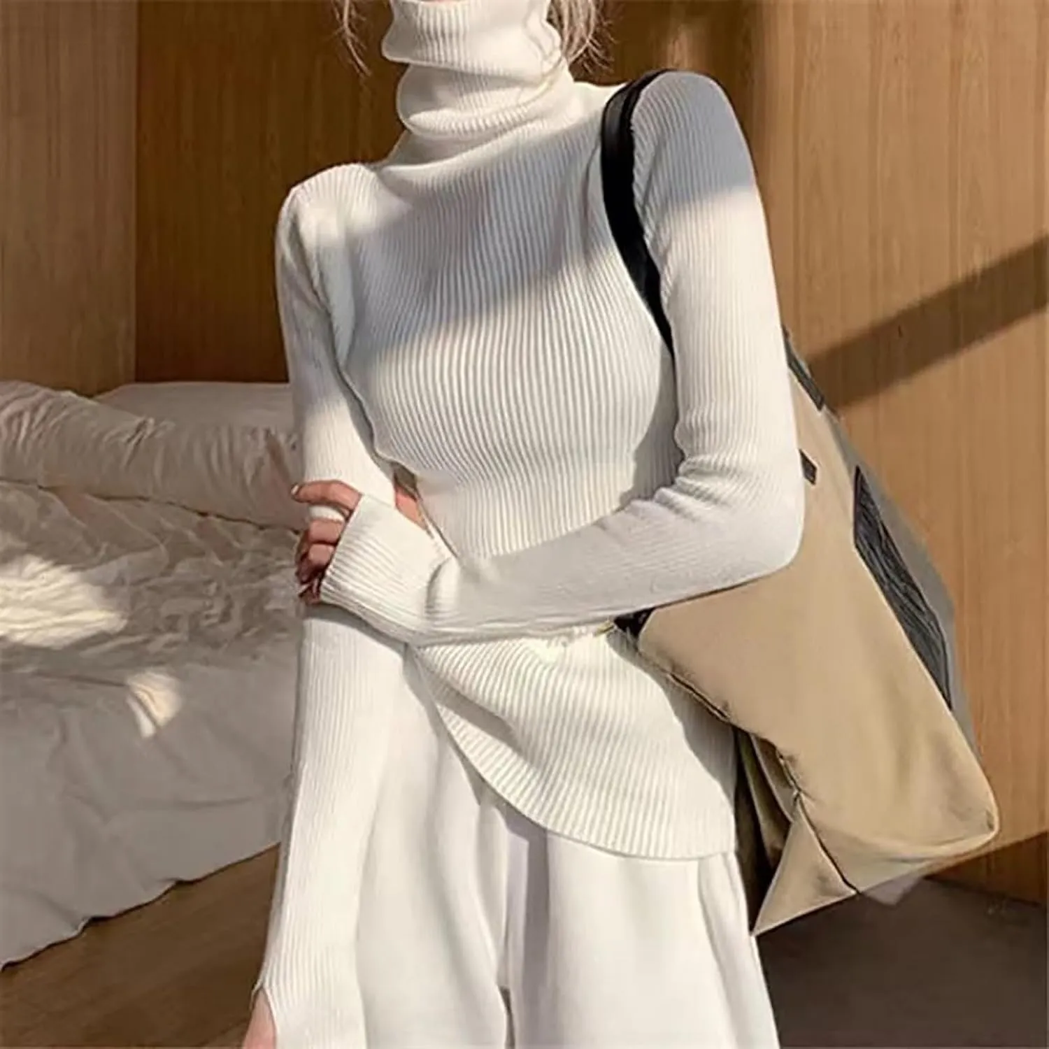 Women's Turtleneck Ribbed Knit Sweater Fall Fashoin Thermal Thumb Hole Jumper Soft Comfy Stretchy Slim Fit Casual Top